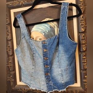 Denim Button-Front Corset Top - Blue